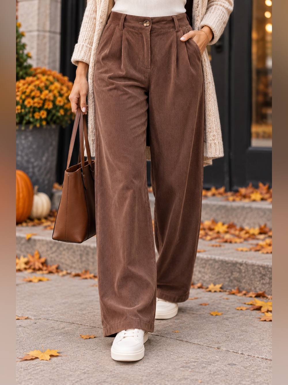 Halara Brown Corduroy Wide Leg Pleated Pants Approx Size S